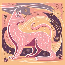  A Pink Cat With A Swirly Tail And A Star In The Background Is A Full Moon And Stars. Generative AI