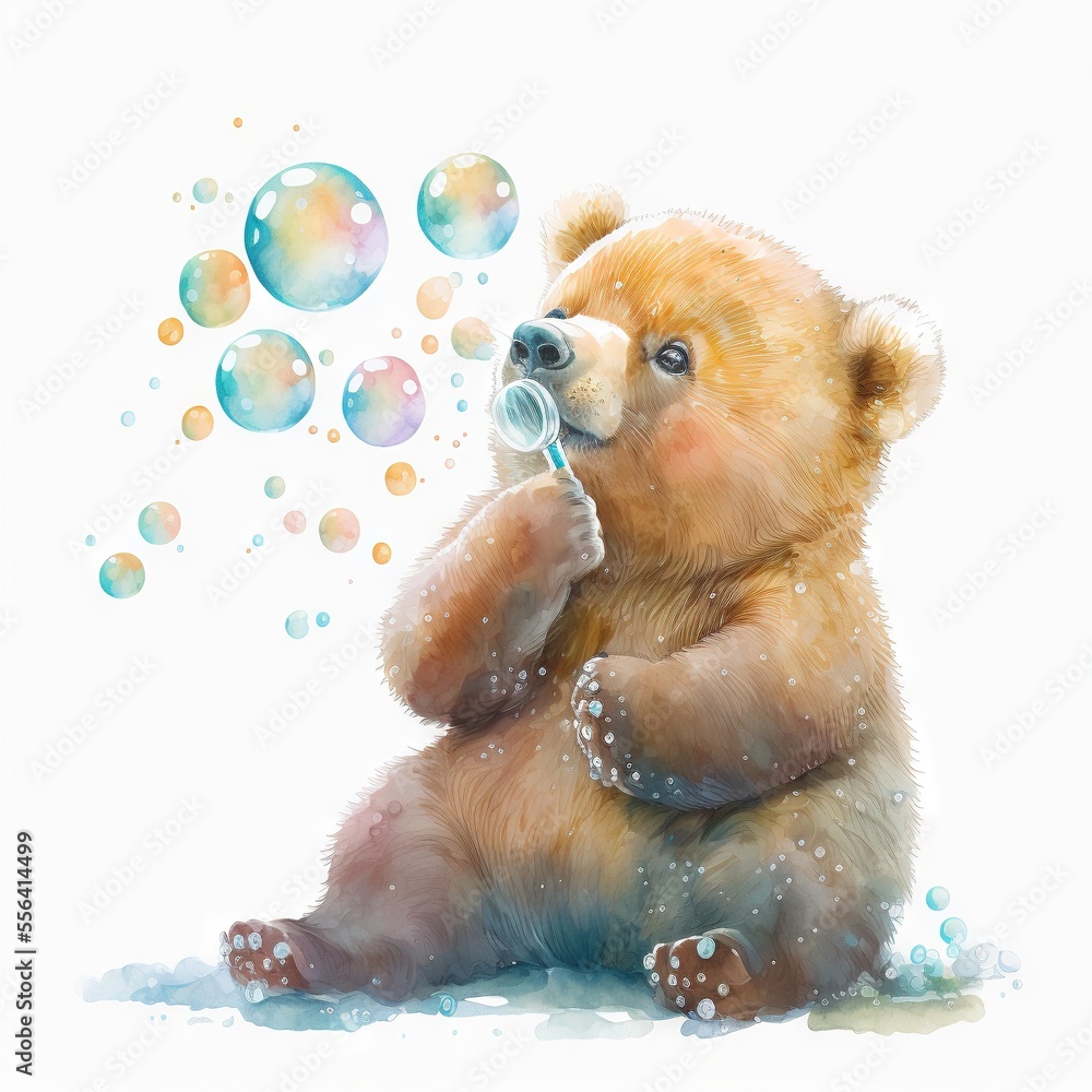 Illustration Stock a brown bear blowing bubbles on a white background |  Adobe Stock