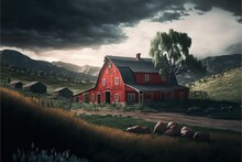  A Painting Of A Red Barn In A Field With Sheep Grazing In The Foreground And A Dark Sky With Clouds.