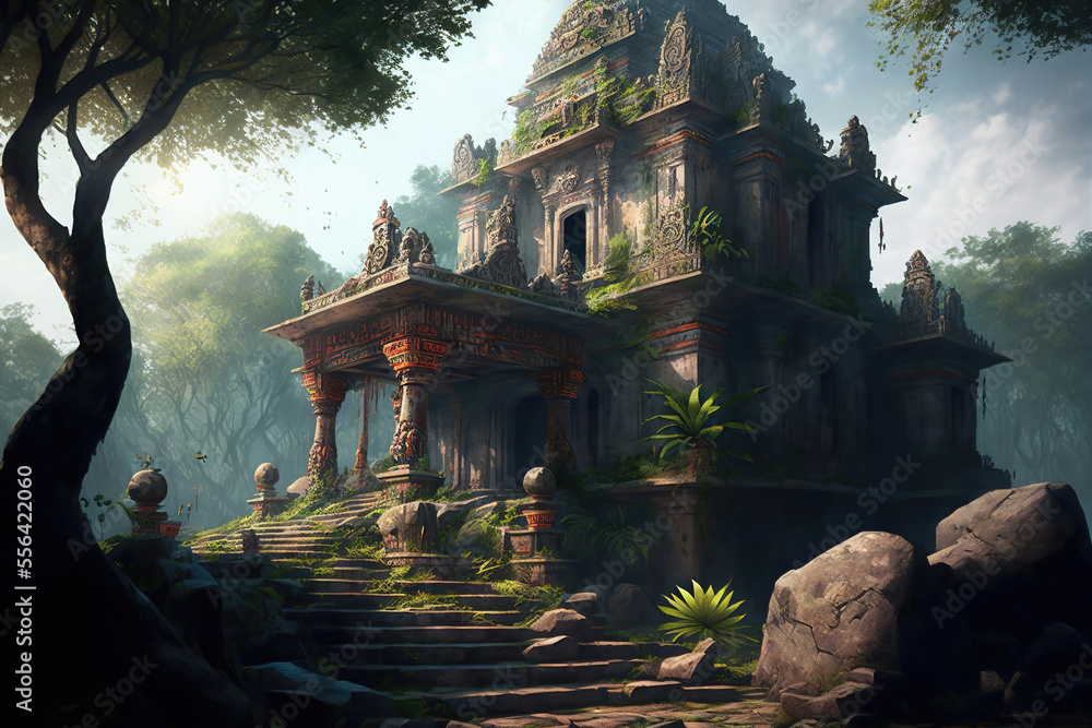 Generative AI : an ancient ruined Hindu temple in a forest, covered ...