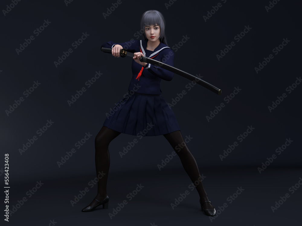 Vector Student Fightter 3D Render : a character of an anime female fighter wearing japanese ...