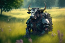 Anthropomorphic Cow As A Warrior. Generative AI