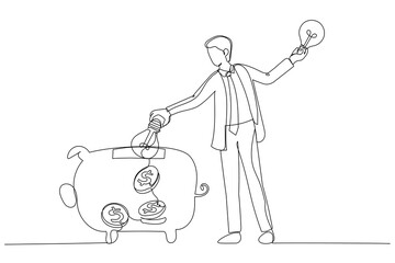 Wall Mural - Drawing of businessman rising on bulb balloon try to find opportunity. Single continuous line art style