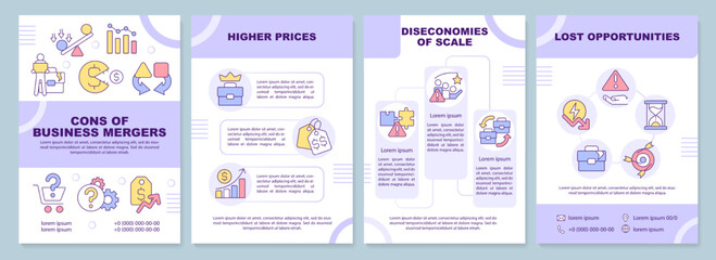 Cons of business mergers purple brochure template. High prices. Leaflet design with linear icons. Editable 4 vector layouts for presentation, annual reports. Arial-Black, Myriad Pro-Regular fonts used