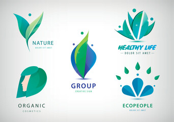 Wall Mural - Vector set of green eco logos - men and leaves, organic products, healthy life concept.