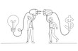 © rina - Cartoon of businesswoman connect lightbulb with money dollar sign concept of financial support. Single continuous line art style