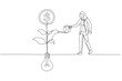 © rina - Cartoon of businesswoman watering on growing money coin seedling plant from lightbulb idea metaphor of monetize idea. Single continuous line art style
