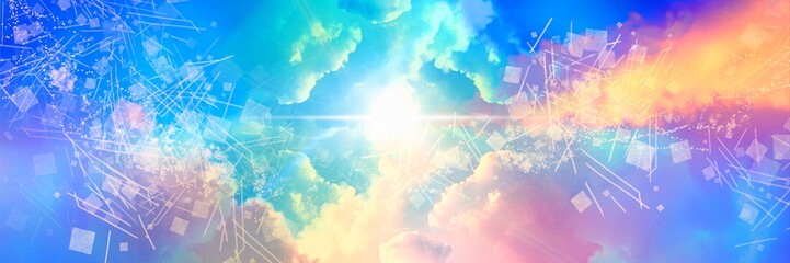 Wall Mural - Wide size fantasy landscape illustration of a beautiful heavenly entrance with geometric textures shining divinely through rainbow-colored clouds.