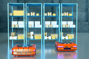 Wall Mural - Factory warehouse robots. Autonomous trolleys for moving shelves. Smart warehouse. Automated production process. Storage Machines in warehouse building. Rack delivery robots. 3d rendering