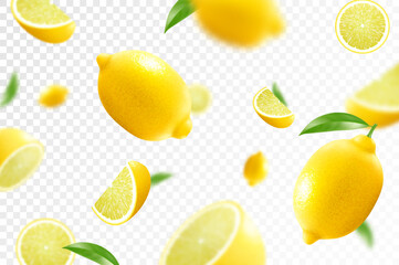 Wall Mural - Lemon citrus background. Flying Lemon with green leaf on transparent background. Lemon falling from different angles. Focused and blurry fruits. Realistic 3d vector illustration .