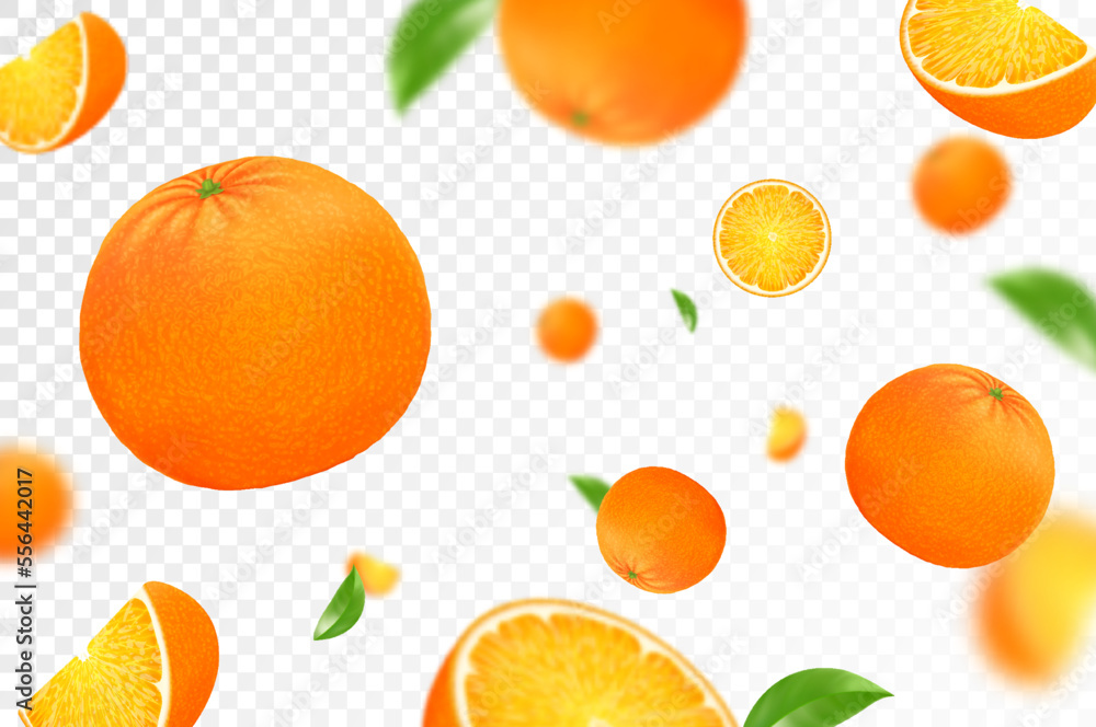 Orange citrus background. Flying orange with green leaf on transparent ...