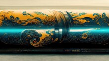 Elegant, Elegant, Dramatic And Luxurious Japanese Style Katsushika Hokusai Style Graphic Elements In Green Sci Fi Style Cylinder And Yellow Arabesque Pattern Generated By Ai