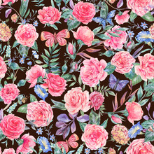 Watercolor Vintage Garden Pink Rose Bouquet Seamless Pattern, Botanical Floral Texture On Black