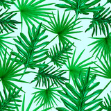 Fototapeta Sypialnia - Watercolor seamless pattern with tropical leaves. Beautiful allover print with hand drawn exotic plants. Swimwear botanical design.