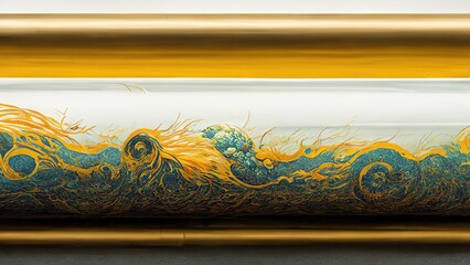 Ukiyo-e traditional Elegant, elegant, dramatic and luxurious Japanese style Katsushika Hokusai style graphic elements of yellow and green wavy pattern on golden Cylinder generated by Ai