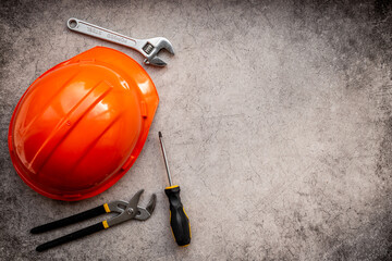 Engineer safety construction helmet top view. Construction concept