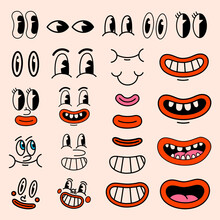 Retro Cartoon Characters Funny Faces. Vintage 50s, 60s Comic Eyes And Mouths Elements. Smiley Vector Faces With Funny Emotions.