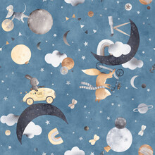 Seamless Pattern With Fox, Bunny And Mouse In Space, Watercolor Illustration. Blue Background. Animals Friends Play In The Clouds.