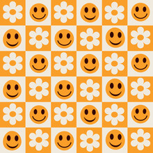 Checkered Orange Retro Flowers And Happy Faces Seamless Pattern. For Stationary, Wrapping Paper And Textile. 