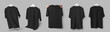 Mockup of black oversized t-shirt hanging on wooden hanger, in hands, front, back view, isolated on background. Set.