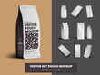 Mockup of white vector coffee pouch gusset, with degassing valve, package isolated on background, front, side. Set