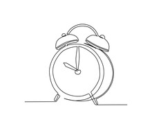 Continuous One Line Drawing Of Vintage Alarm Clock. 10 O'clock On Vintage Watch Hand Drawn Vector Illustration.
