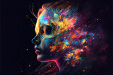 Fototapeta  - beautiful fantasy abstract portrait of a beautiful woman double exposure with a colorful digital paint splash or space nebula, generative ai