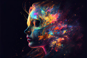 beautiful fantasy abstract portrait of a beautiful woman double exposure with a colorful digital pai