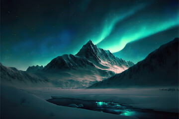 Wall Mural - beautiful colorul fantasy aurora borealis over the snowy mountain peak, generative ai