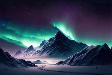 Wall Mural - beautiful colorul fantasy aurora borealis over the snowy mountain peak, generative ai