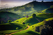 Generative AI : sunrise over rolling hills with tea plantations 