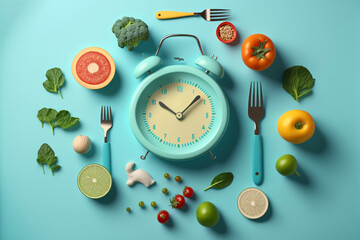 vegetables and fruits around the alarm clock. Diet and healthy lifestyle concept. Generative AI