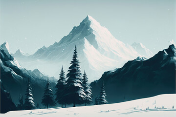 beautiful minimalistic winter landscape with mountains, made with generative ai