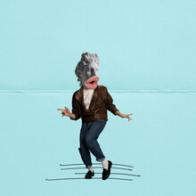 Contemporary Art Collage. Man With Antique Statue Head In Stylish Leather Jacket Dancing Over Blue Background