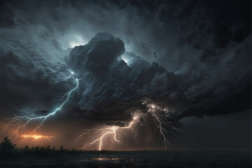 Wall Mural - clouds and lightning in a stormy weather, front view. generative ai