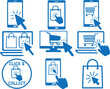 Click and collect order online icon set, online order collect icon set blue vector