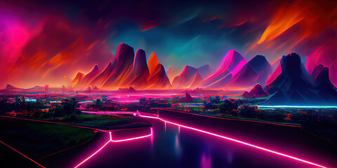 Canvas Print - synthwave style retro 80's color panoramic landscape background, made with generative a