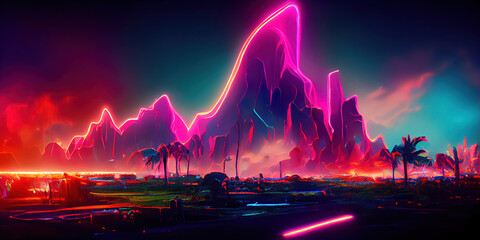 Canvas Print - synthwave style retro 80's color panoramic landscape background, made with generative a