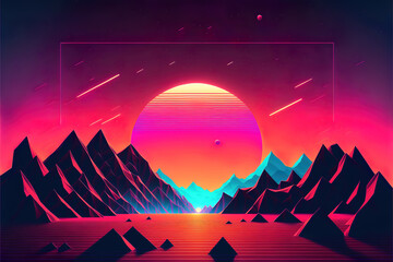 Canvas Print - retro 80's color synthwave style mountain landscape with sunset, retro computer graphic, made with g