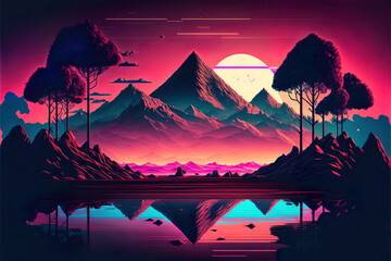 Canvas Print - retro 80's color synthwave style mountain landscape with sunset, retro computer graphic, made with g