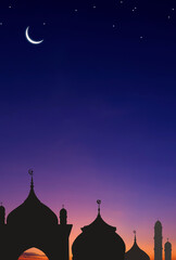 silhouette mosques dome and crescent moon on dark blue twilight sky in vertical frame, symbol islami