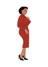 Stylish Black Business Woman. African American Girl Standing In Office Outfit - Red Dress And High Heels. Business Lady In Retro Look. Cartoon Realistic Illustration On Transparent Background. PNG