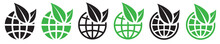 Set Of Icons Earth With Leaf. Earth And Environment Protection Signs. Leaf And Globe, Eco Globe Symbol. Vector.