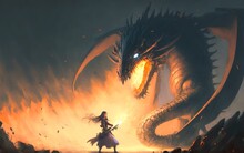 Fantasy Scene Showing The Girl Fighting The Fire Dragon, Digital Art Style, Illustration Painting
