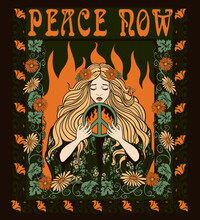 Peace Now, Girl With A Peace Symbol In Her Hands, Art Nouveau T-shirt Print