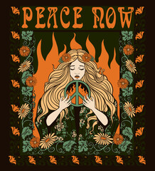 peace now, girl with a peace symbol in her hands, art nouveau T-shirt print