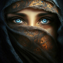 Expressive Eyes Of An Oriental Woman In A Headscarf. Islamic Girl With Beautiful Eyes Close-up. 3d Illustration