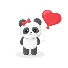 St Valentine's Day Greeting Card With Cute Panda Girl With Heart Shaped Balloon Isolated On White Background, Watercolor Effect, Vector Illustration.