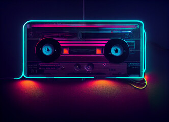 Wall Mural - Beautiful Audio cassette tape in neon light.Minimalism retro style concept. 80s. Background pattern for design.	 Generative AI technology.