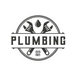 Plumbing logo, in retro or vintage style, plumber logo for professional business concept emblem design, template